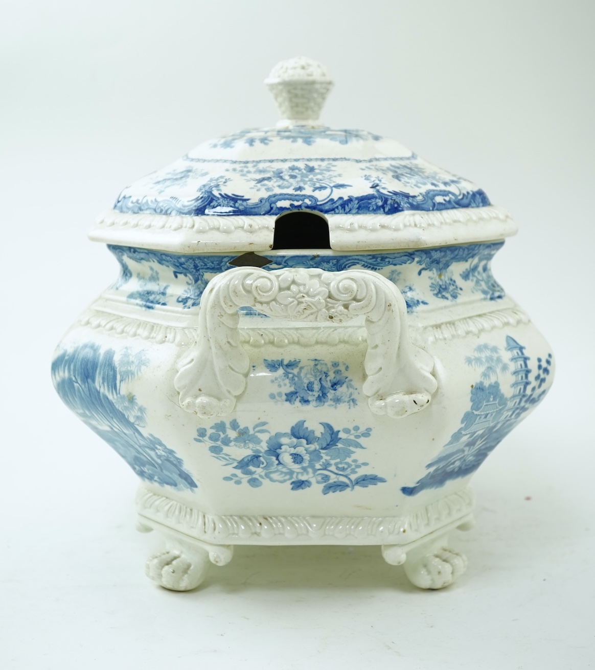 A large Staffordshire blue and white Chinese Marine pattern soup tureen, mid 19th century